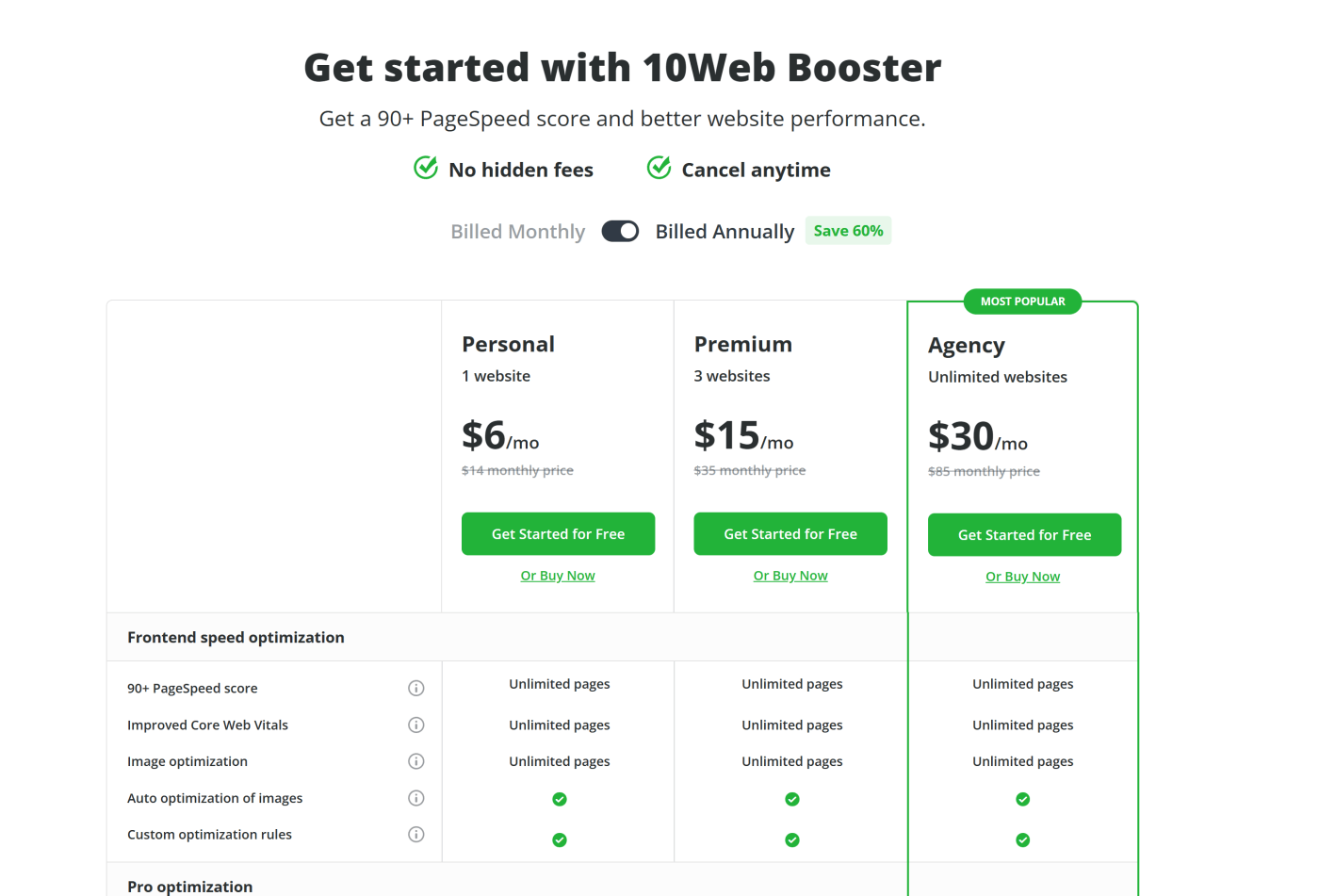 10web Booster Plans and Pricing
